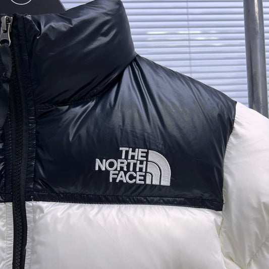 The North Face Black And White Color Block Cropped Nuptse Puffer Jacket