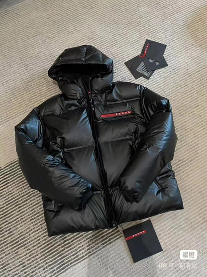Prada Black Hooded Short Down Jacket With Brand Details