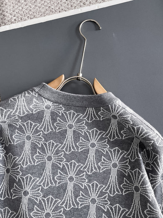 Chrome Hearts Style Grey Crew Neck Sweater With Cross Pattern And Tongue Emblem
