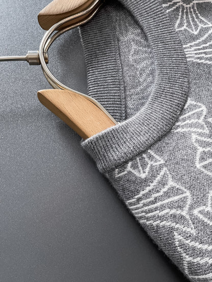 Chrome Hearts Style Grey Crew Neck Sweater With Cross Pattern And Tongue Emblem