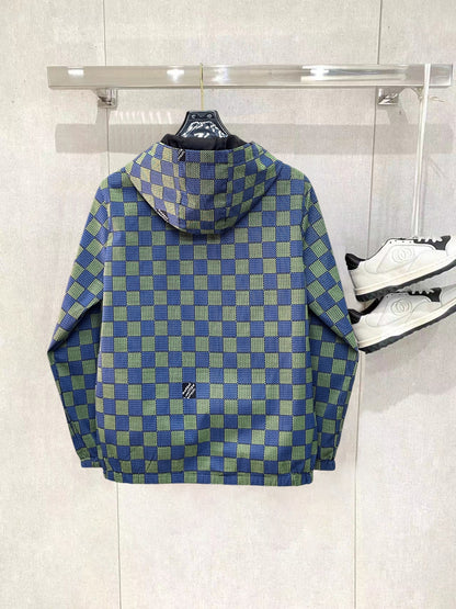Louis Vuitton Men's Checkered Hooded Zip-Up Jacket with Signature Details