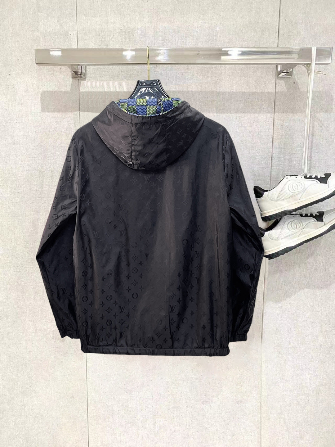 Louis Vuitton Men's Checkered Hooded Zip-Up Jacket with Signature Details