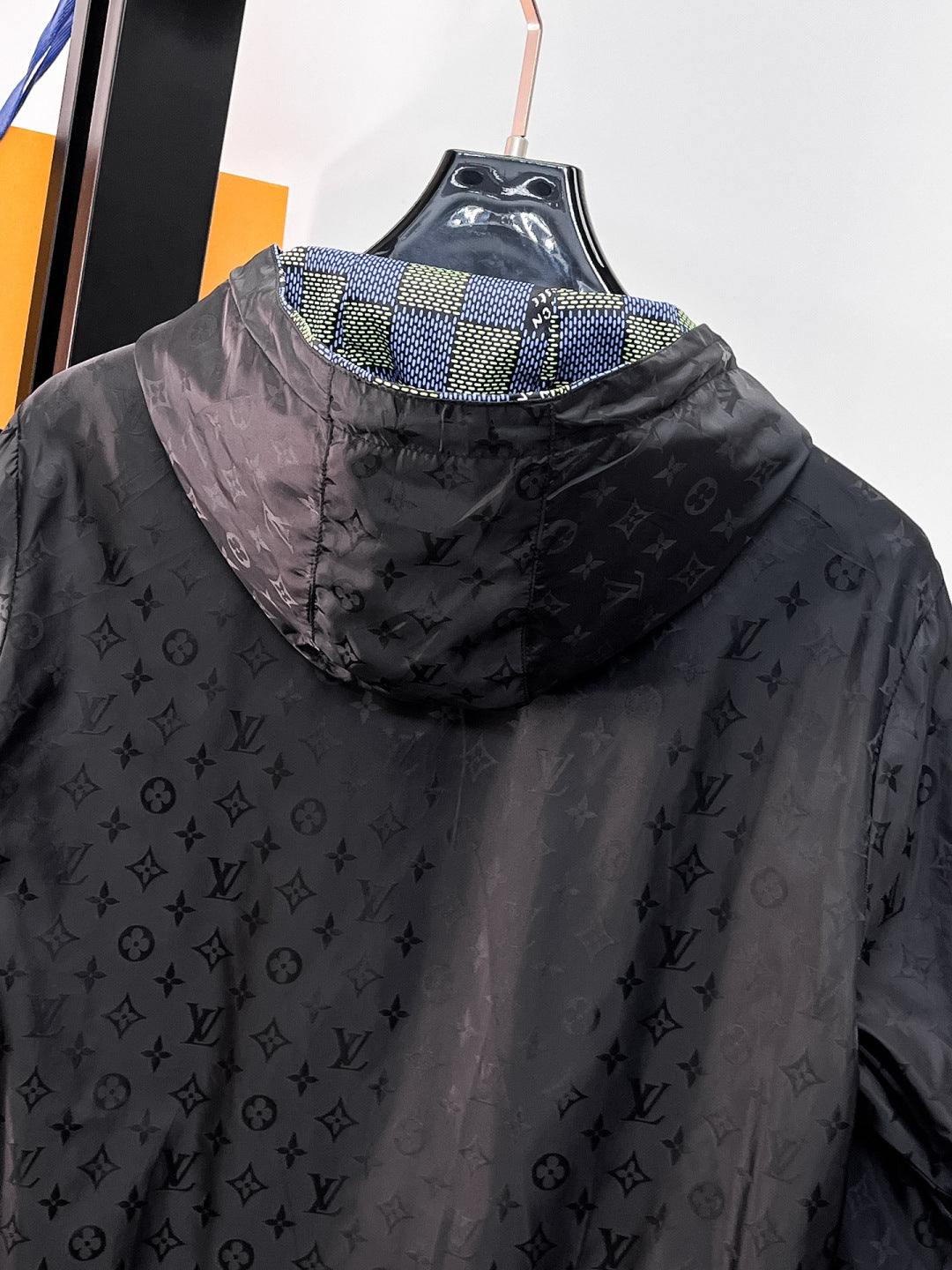 Louis Vuitton Men's Checkered Hooded Zip-Up Jacket with Signature Details