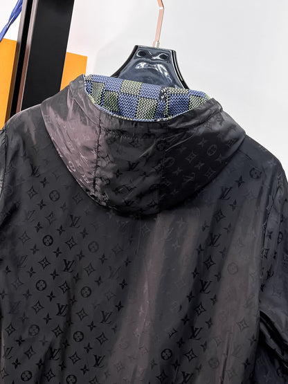 Louis Vuitton Men's Checkered Hooded Zip-Up Jacket with Signature Details