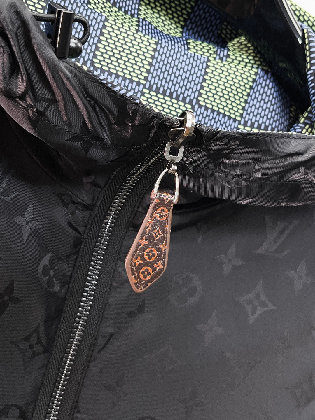 Louis Vuitton Men's Checkered Hooded Zip-Up Jacket with Signature Details