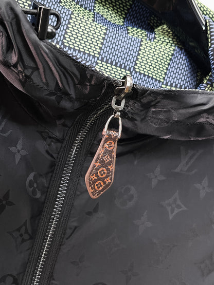 Louis Vuitton Men's Checkered Hooded Zip-Up Jacket with Signature Details