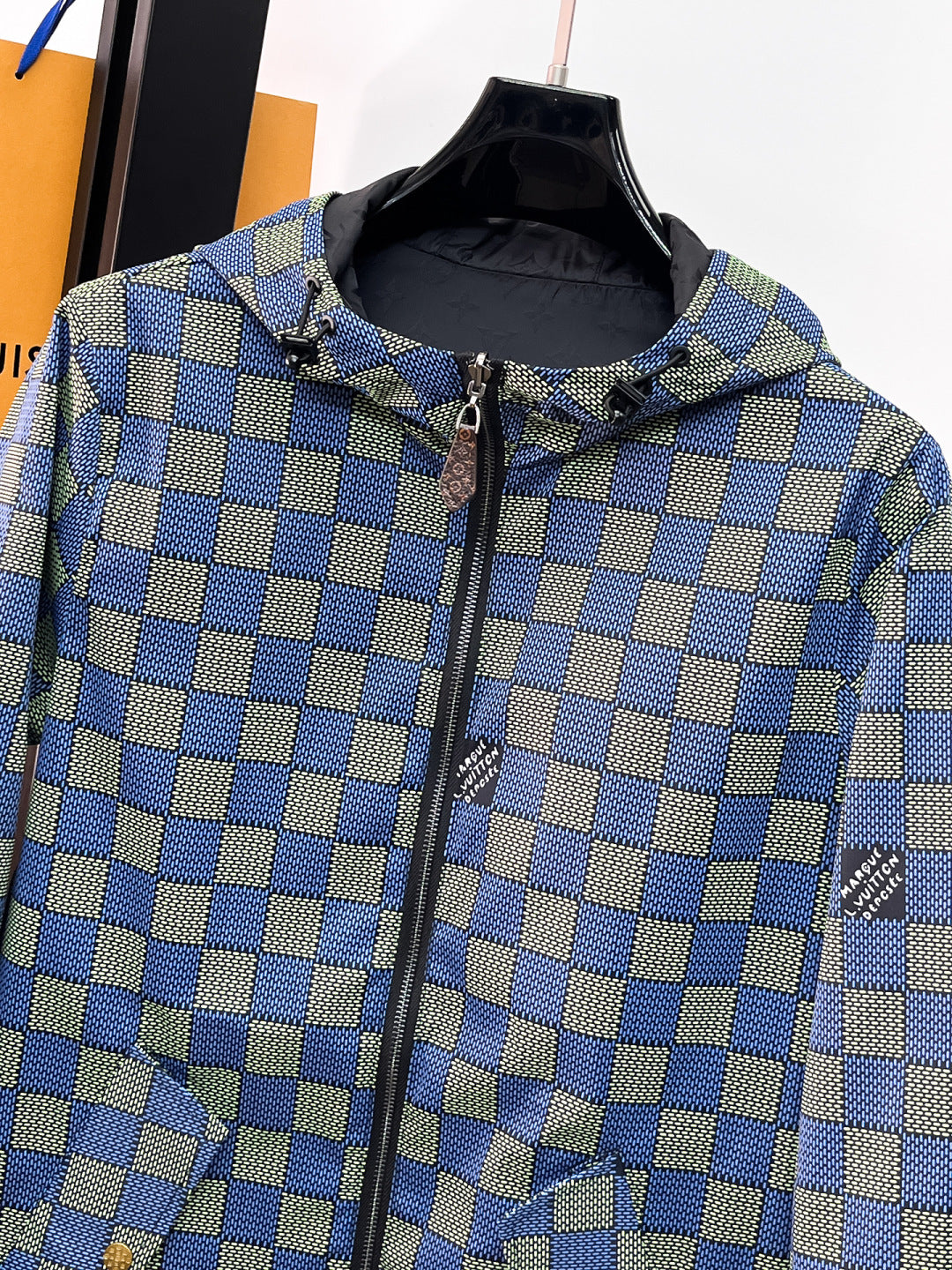 Louis Vuitton Men's Checkered Hooded Zip-Up Jacket with Signature Details