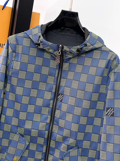 Louis Vuitton Men's Checkered Hooded Zip-Up Jacket with Signature Details