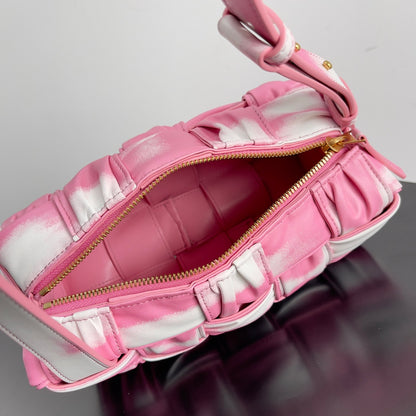 Bottega Veneta Pink And White Tie Dye Woven Leather Shoulder Bag For Trendy Fashionistas BV73622
