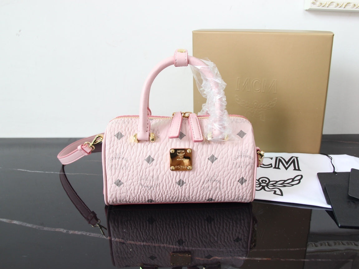 MCM Brown Visetos Coated Canvas Mini Boston Bag With Logo Plate 30199