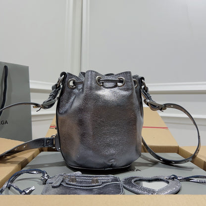 Metallic Black Balenciaga Bucket Bag with Adjustable Straps and Matching Pouch for Stylish Functionality Style No.3032