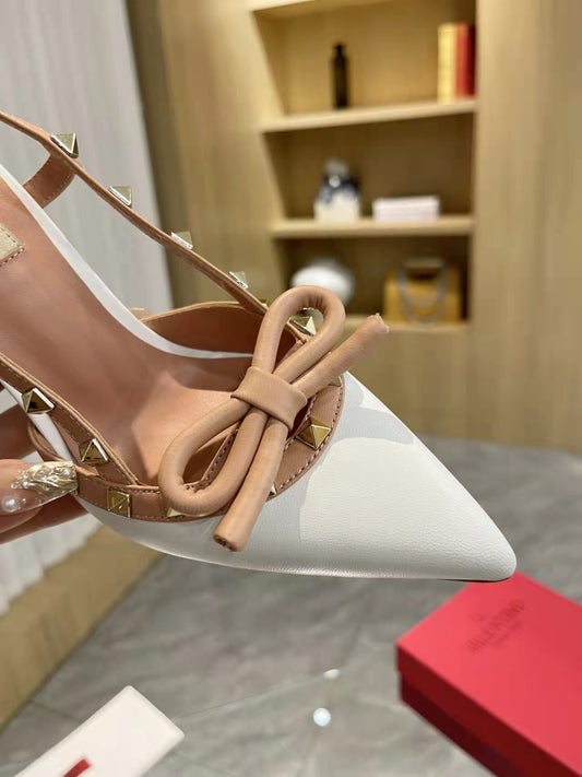 Valentino Women's Rockstud Bow Slingback Pumps Luxury Pointed Toe High Heels