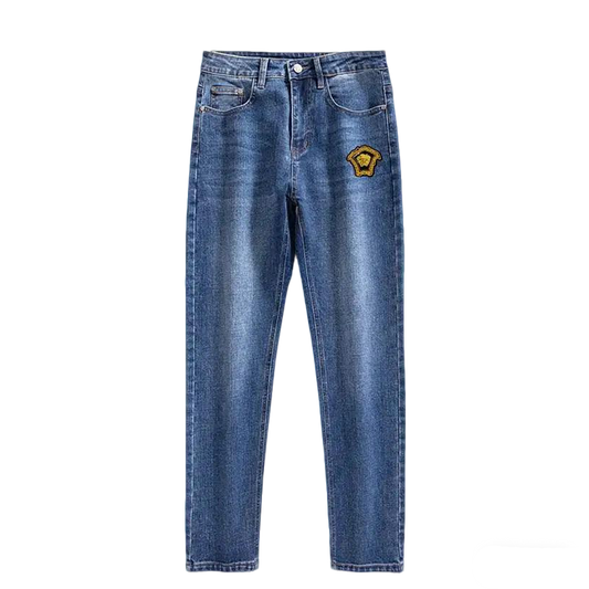 Versace Men's Blue Denim Jeans With Iconic Medusa Embroidery Detail