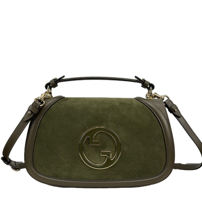 Gucci Olive Green/Brown Suede Shoulder Bag With Gold Tone Interlocking G Logo And Leather Trims