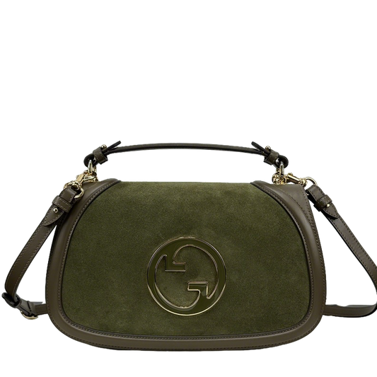 Gucci Olive Green/Brown Suede Shoulder Bag With Gold Tone Interlocking G Logo And Leather Trims