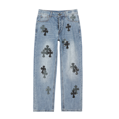 Chrome Hearts Inspired Men's Blue Jeans With Cross And Leopard Patches