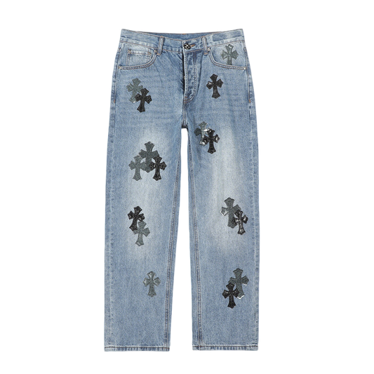Chrome Hearts Inspired Men's Blue Jeans With Cross And Leopard Patches