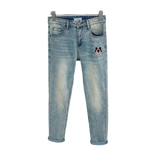 Moncler Men's Jeans with Light Wash and Unique Embroidered Detail
