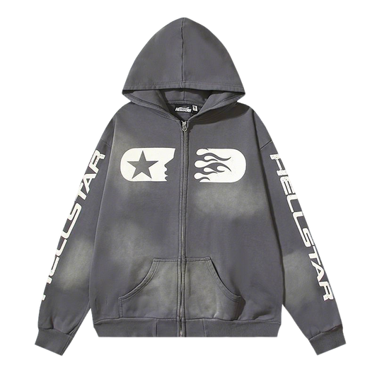 Dark Gray Hooded Jacket With Hellstar Star And Flame Prints