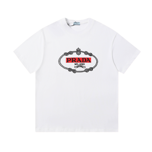 Prada White/Black Tee With Classic Rope - Framed Logo For Timeless Luxury Style