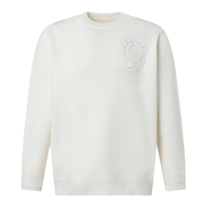 Chrome Hearts Inspired White Crew Neck Sweater With Embroidered Logo Detail