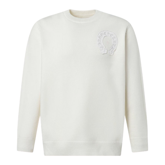 Chrome Hearts Inspired White Crew Neck Sweater With Embroidered Logo Detail