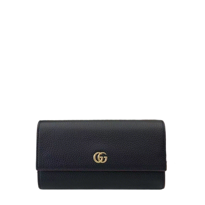 Luxury Black Gucci Long Wallet With Iconic Gold GG Logo And Pebbled Leather Finish 456116