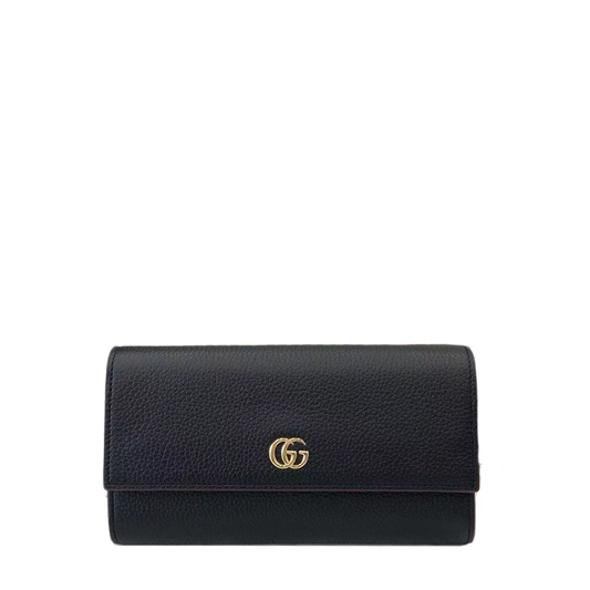 Luxury Black Gucci Long Wallet With Iconic Gold GG Logo And Pebbled Leather Finish 456116