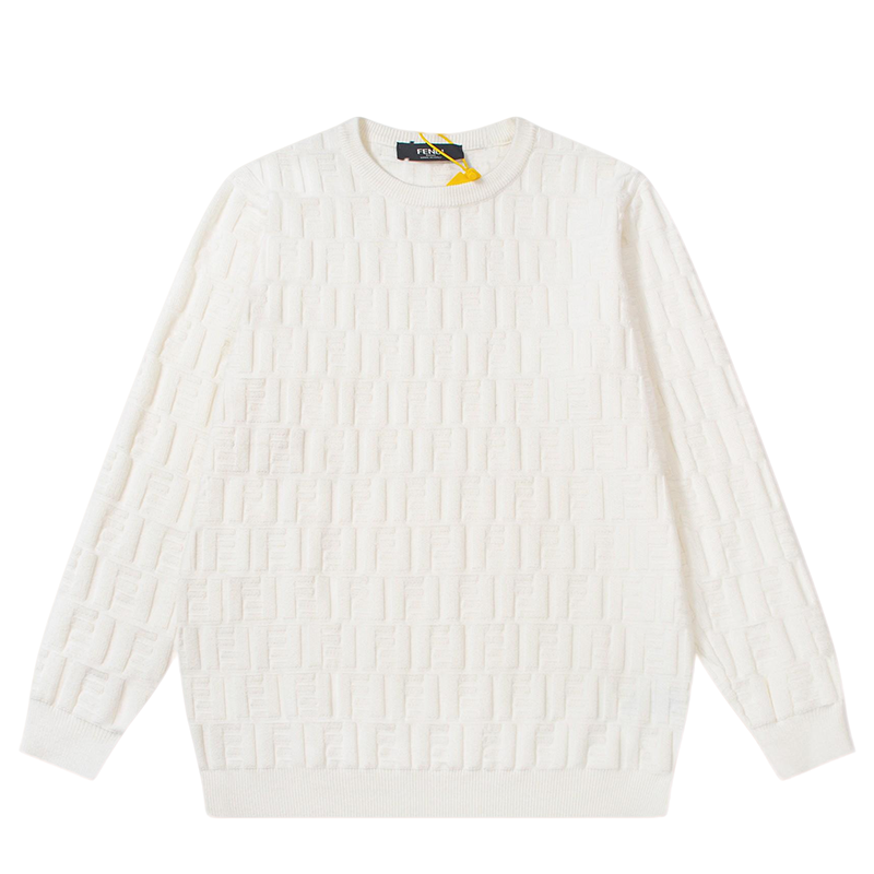 Fendi White Crew Neck Sweater With Subtle Textured Pattern