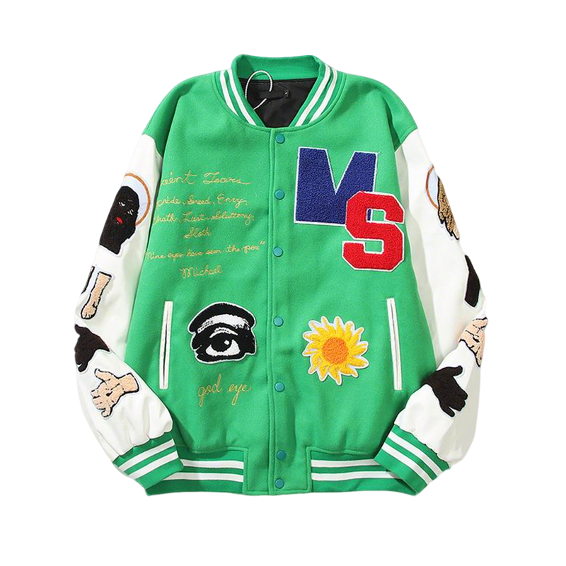 FOG Stylish Green/Black Varsity Jacket With Unique Patches And Embroidery