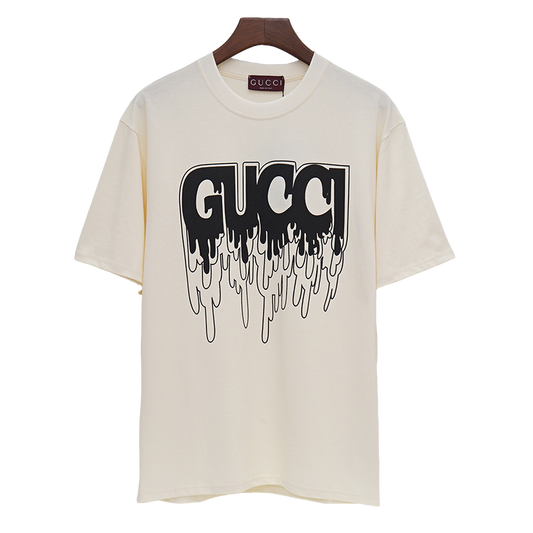 Gucci Cream/Black Tee With Dripping Logo Design For Edgy Fashion Aficionados