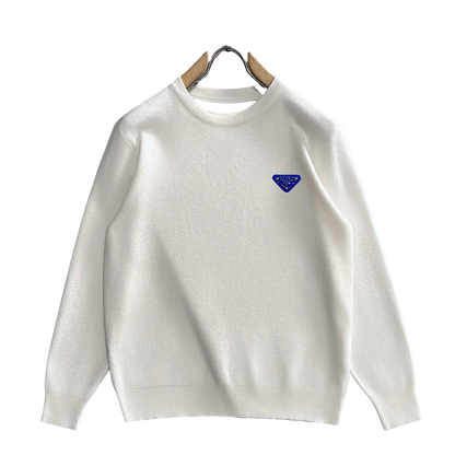 Prada Men's White Crew Neck Knitted Sweater With Blue Triangle Logo