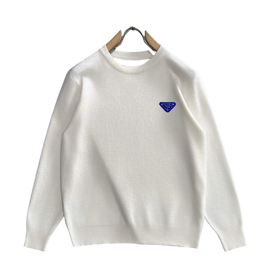 Prada Men's White Crew Neck Knitted Sweater With Blue Triangle Logo