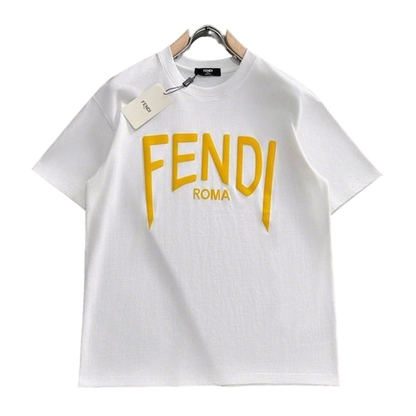 Elegant Fendi Roma White/Black T - Shirt With Bold Yellow Branding For Fashion Lovers