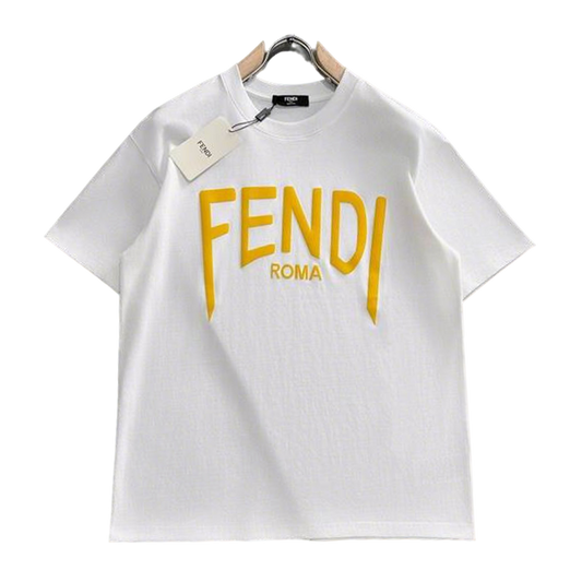 Elegant Fendi Roma White/Black T - Shirt With Bold Yellow Branding For Fashion Lovers