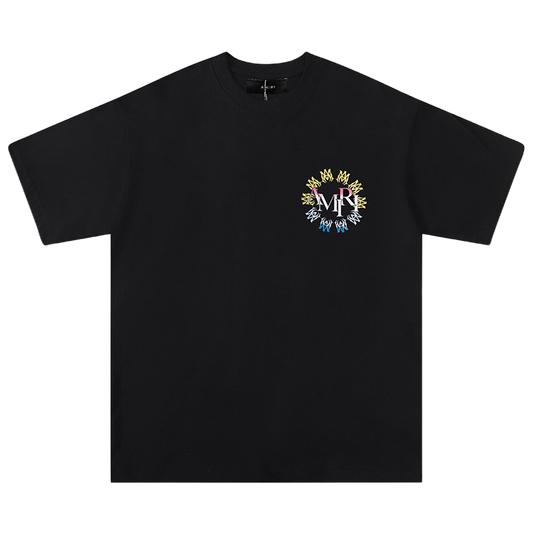 AMIRI Black/White Tee With Colorful Circular Logo For Trendy Streetwear Enthusiasts