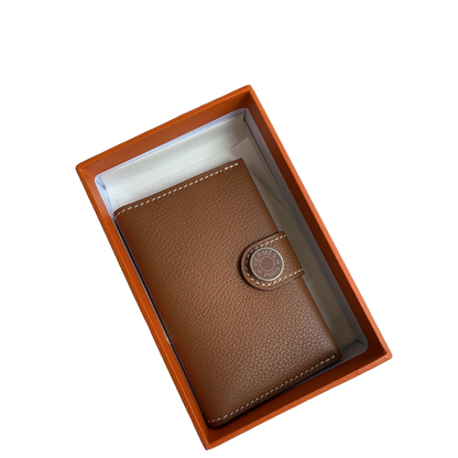 Hermes - Styled Brown Leather Wallet in Signature Orange Box with Button Closure 105-1