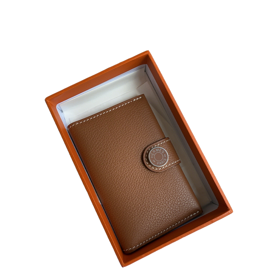 Hermes - Styled Brown Leather Wallet in Signature Orange Box with Button Closure 105-1