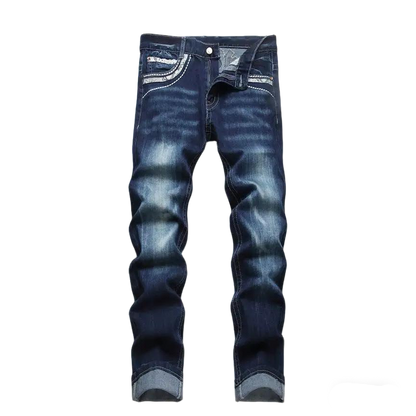 Philipp Plein Men's Dark Blue Denim Jeans With Embellished Pocket Detailing