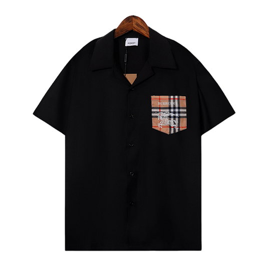 Burberry Style Black/White Short Sleeve Shirt With Checkered Pocket Detail