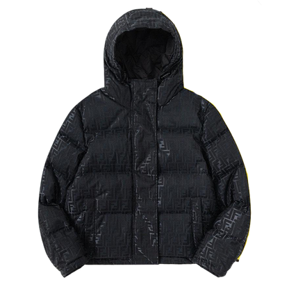 Fendi Black Hooded Down Jacket With Signature Monogram Patterns
