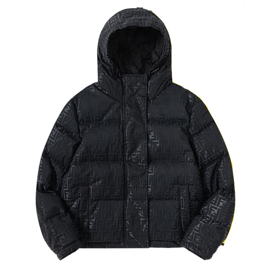 Fendi Black Hooded Down Jacket With Signature Monogram Patterns