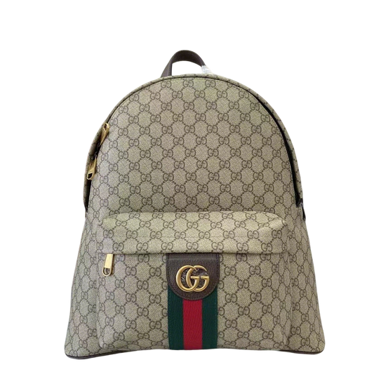 Gucci Beige Ebony GG Supreme Canvas Backpack With Web Stripe And Gold Tone Double G 834466