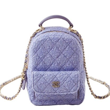 Chanel Mini Backpack in Lavender Tweed with Quilted Pattern and Gold - Tone Chain Straps AP3753