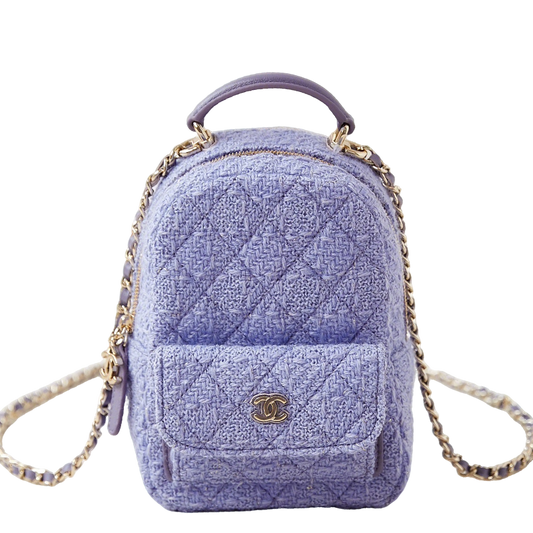 Chanel Mini Backpack in Lavender Tweed with Quilted Pattern and Gold - Tone Chain Straps AP3753