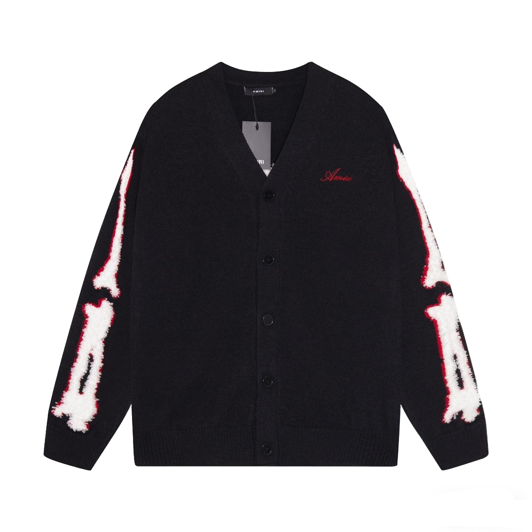 Amiri Men's Black V - Neck Cardigan With Skeleton Print And Brand Embroidery