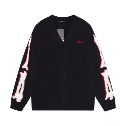 Amiri Men's Black V - Neck Cardigan With Skeleton Print And Brand Embroidery