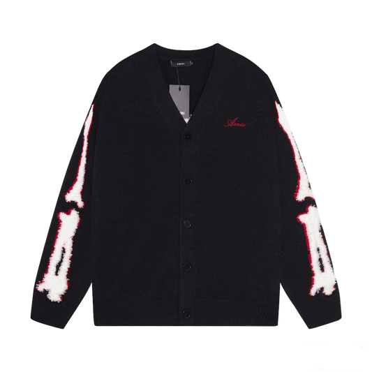 Amiri Men's Black V - Neck Cardigan With Skeleton Print And Brand Embroidery