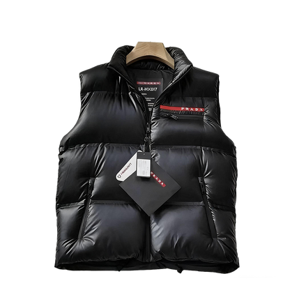 Prada Men's Black Puffer Vest With Brand Details And Zipper Pockets