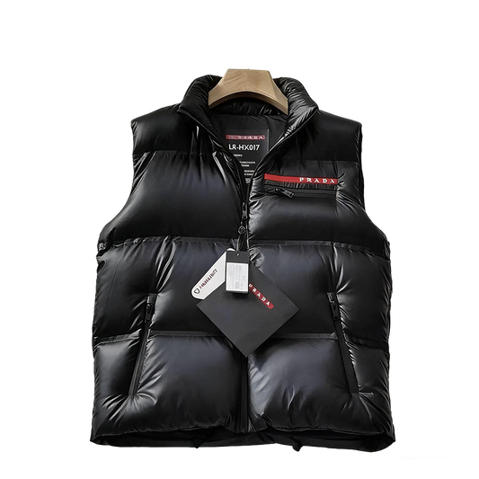 Prada Men's Black Puffer Vest With Brand Details And Zipper Pockets